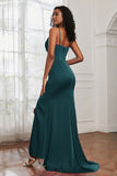 Spaghetti Straps Satin Mermaid Formal Evening Dresses with Slit Prom Party Bridesmaid Gowns
