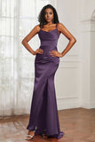 Spaghetti Straps Satin Mermaid Formal Evening Dresses with Slit Prom Party Bridesmaid Gowns