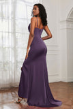 Spaghetti Straps Satin Mermaid Formal Evening Dresses with Slit Prom Party Bridesmaid Gowns