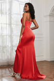 Spaghetti Straps Satin Mermaid Formal Evening Dresses with Slit Prom Party Bridesmaid Gowns