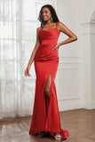 Spaghetti Straps Satin Mermaid Formal Evening Dresses with Slit Prom Party Bridesmaid Gowns