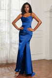 Spaghetti Straps Satin Mermaid Formal Evening Dresses with Slit Prom Party Bridesmaid Gowns