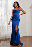 Spaghetti Straps Satin Mermaid Formal Evening Dresses with Slit Prom Party Bridesmaid Gowns