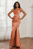 Spaghetti Straps Satin Mermaid Formal Evening Dresses with Slit Prom Party Bridesmaid Gowns