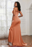 Spaghetti Straps Satin Mermaid Formal Evening Dresses with Slit Prom Party Bridesmaid Gowns