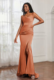 Spaghetti Straps Satin Mermaid Formal Evening Dresses with Slit Prom Party Bridesmaid Gowns