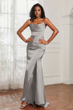 Spaghetti Straps Satin Mermaid Formal Evening Dresses with Slit Prom Party Bridesmaid Gowns