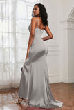 Spaghetti Straps Satin Mermaid Formal Evening Dresses with Slit Prom Party Bridesmaid Gowns