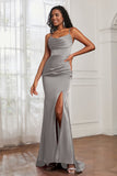 Spaghetti Straps Satin Mermaid Formal Evening Dresses with Slit Prom Party Bridesmaid Gowns