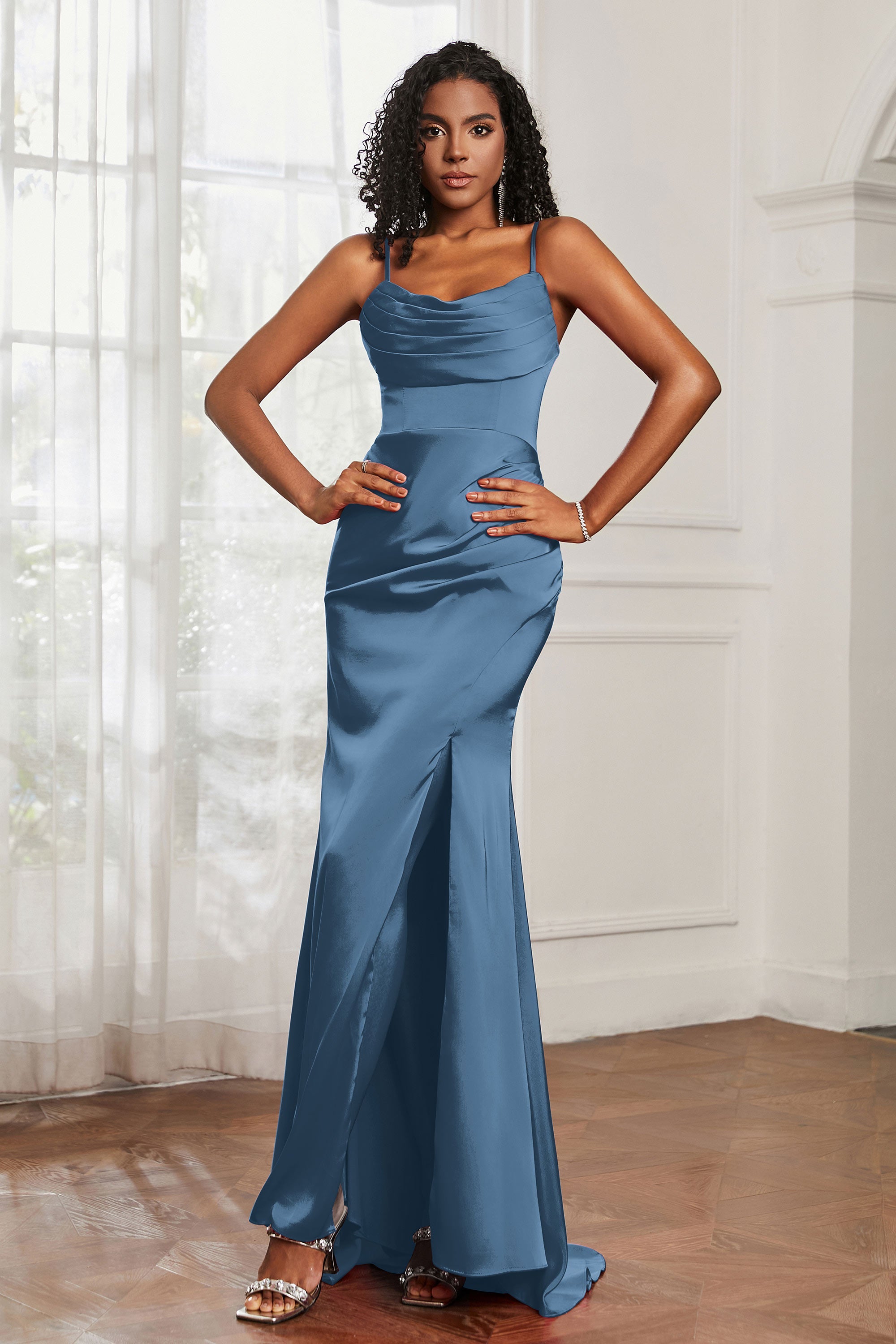 Spaghetti Straps Satin Mermaid Formal Evening Dresses with Slit Prom Party Bridesmaid Gowns