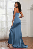 Spaghetti Straps Satin Mermaid Formal Evening Dresses with Slit Prom Party Bridesmaid Gowns
