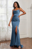 Spaghetti Straps Satin Mermaid Formal Evening Dresses with Slit Prom Party Bridesmaid Gowns