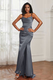 Spaghetti Straps Satin Mermaid Formal Evening Dresses with Slit Prom Party Bridesmaid Gowns