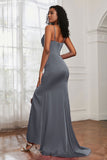 Spaghetti Straps Satin Mermaid Formal Evening Dresses with Slit Prom Party Bridesmaid Gowns