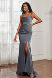 Spaghetti Straps Satin Mermaid Formal Evening Dresses with Slit Prom Party Bridesmaid Gowns
