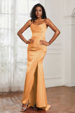 Spaghetti Straps Satin Mermaid Formal Evening Dresses with Slit Prom Party Bridesmaid Gowns