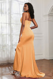 Spaghetti Straps Satin Mermaid Formal Evening Dresses with Slit Prom Party Bridesmaid Gowns
