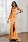 Spaghetti Straps Satin Mermaid Formal Evening Dresses with Slit Prom Party Bridesmaid Gowns