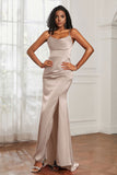 Spaghetti Straps Satin Mermaid Formal Evening Dresses with Slit Prom Party Bridesmaid Gowns
