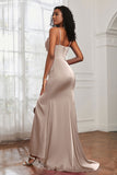 Spaghetti Straps Satin Mermaid Formal Evening Dresses with Slit Prom Party Bridesmaid Gowns