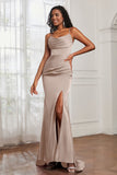Spaghetti Straps Satin Mermaid Formal Evening Dresses with Slit Prom Party Bridesmaid Gowns