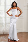 Spaghetti Straps Satin Mermaid Formal Evening Dresses with Slit Prom Party Bridesmaid Gowns