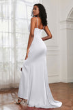 Spaghetti Straps Satin Mermaid Formal Evening Dresses with Slit Prom Party Bridesmaid Gowns