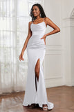 Spaghetti Straps Satin Mermaid Formal Evening Dresses with Slit Prom Party Bridesmaid Gowns