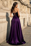 A Line Black Strapless Satin Prom Dresses With Slit