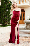 Elegant Strapless Straight Across Velvet Mermaid Formal Evening Party Dresses with Slit Prom Gowns