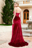 Elegant Strapless Straight Across Velvet Mermaid Formal Evening Party Dresses with Slit Prom Gowns