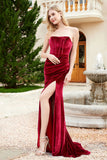 Elegant Strapless Straight Across Velvet Mermaid Formal Evening Party Dresses with Slit Prom Gowns