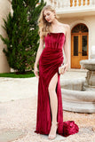 Elegant Strapless Straight Across Velvet Mermaid Formal Evening Party Dresses with Slit Prom Gowns