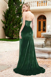 Elegant Strapless Straight Across Velvet Mermaid Formal Evening Party Dresses with Slit Prom Gowns