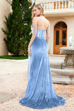 Elegant Strapless Straight Across Velvet Mermaid Formal Evening Party Dresses with Slit Prom Gowns