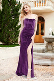 Elegant Strapless Straight Across Velvet Mermaid Formal Evening Party Dresses with Slit Prom Gowns