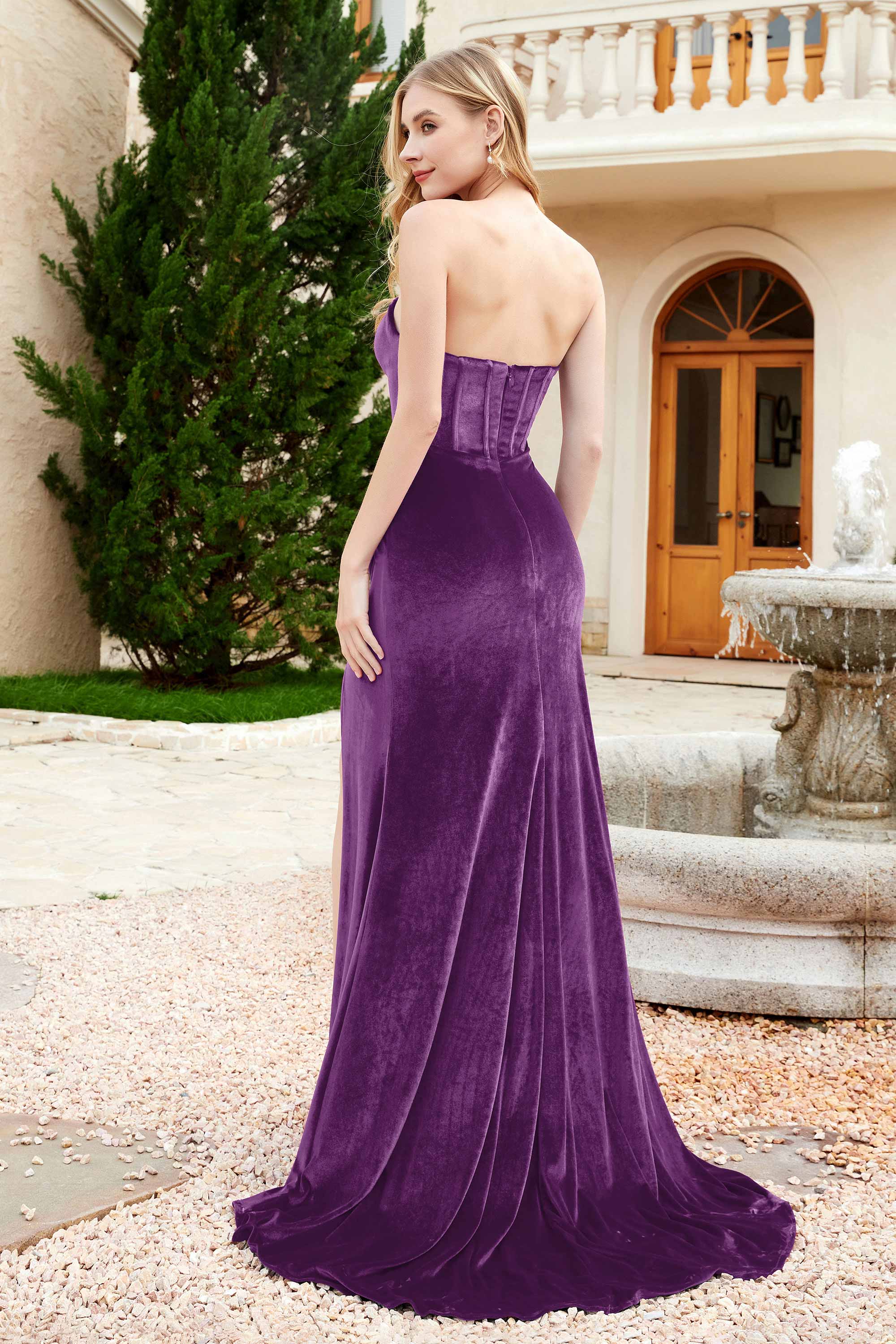 Elegant Strapless Straight Across Velvet Mermaid Formal Evening Party Dresses with Slit Prom Gowns