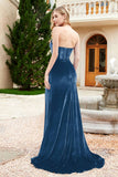 Elegant Strapless Straight Across Velvet Mermaid Formal Evening Party Dresses with Slit Prom Gowns