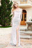 Elegant Strapless Straight Across Velvet Mermaid Formal Evening Party Dresses with Slit Prom Gowns