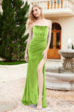 Elegant Strapless Straight Across Velvet Mermaid Formal Evening Party Dresses with Slit Prom Gowns
