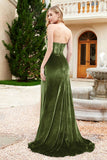 Elegant Strapless Straight Across Velvet Mermaid Formal Evening Party Dresses with Slit Prom Gowns