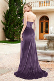 Elegant Strapless Straight Across Velvet Mermaid Formal Evening Party Dresses with Slit Prom Gowns