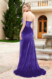 Elegant Strapless Straight Across Velvet Mermaid Formal Evening Party Dresses with Slit Prom Gowns