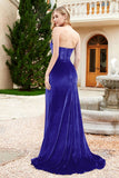 Elegant Strapless Straight Across Velvet Mermaid Formal Evening Party Dresses with Slit Prom Gowns