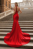 Hot Pink Floral Straps Mermaid Satin Long Prom Dress