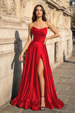 A Line Black Strapless Satin Prom Dresses With Slit