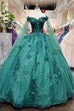 Red Long Sleeves 3D Flowers Quinceanera Dresses Appliqued