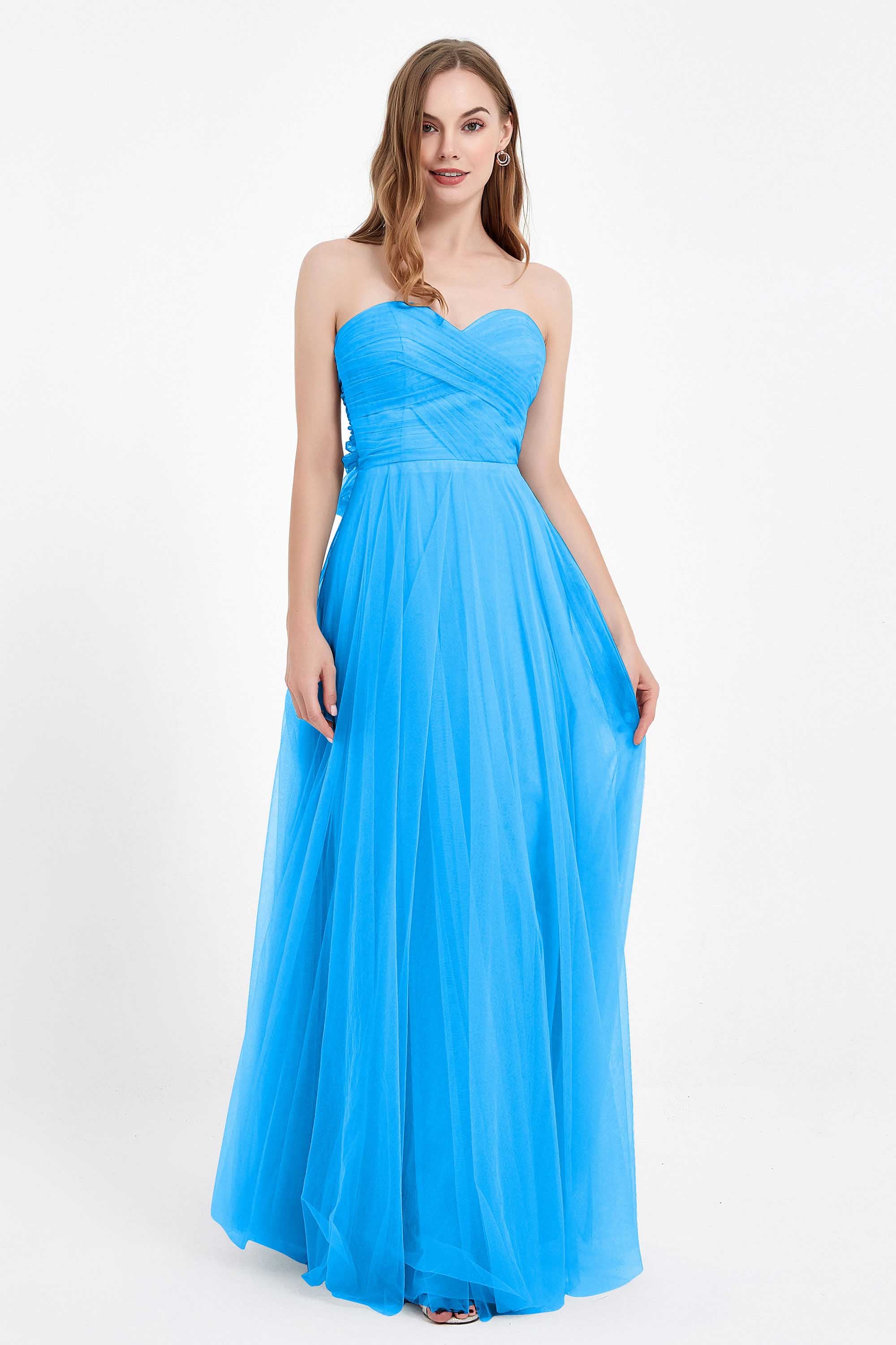 Sweetheart neckline tulle backless formal evening dresses pleated ruched bridesmaid dress