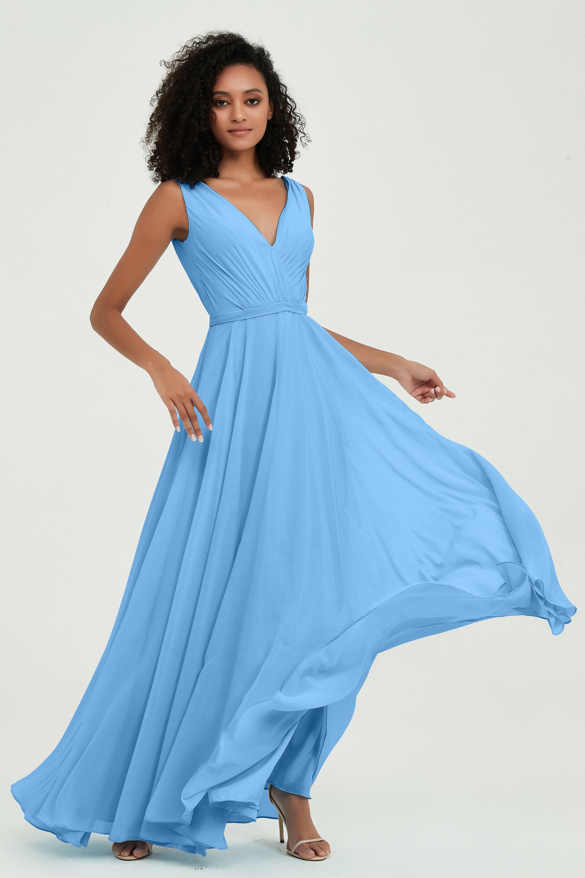 V Neck Chiffon A Line Bridesmaid Dress with Belt Formal Evening Dresses Prom Party Gons