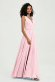 V Neck Chiffon A Line Bridesmaid Dress with Belt Formal Evening Dresses Prom Party Gons
